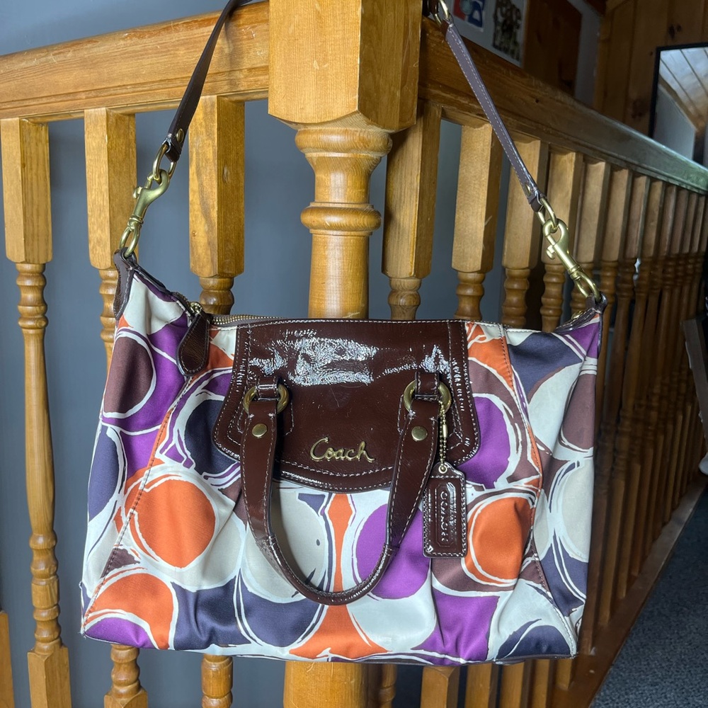 Coach Ashley Satchel – Multicolor Scribble Print with Patent Leather Trim
